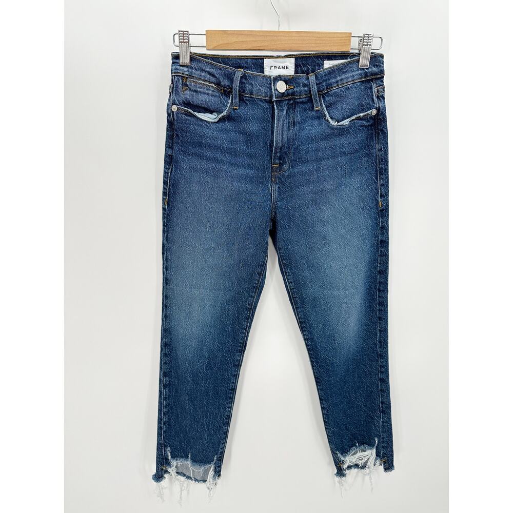 FRAME Le High Straight Jeans Raw Stagger Hallam Chew Blue Women Size 25